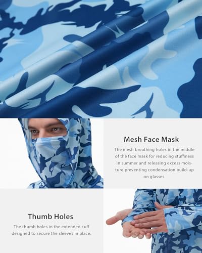 FISHEAL Men's Performance Fishing Hoodie Shirt - UPF 50+ Sun Protection Long Sleeve Thumbholes Shirts with Neck Gaiter - color: Aoyama Navy, size: Large