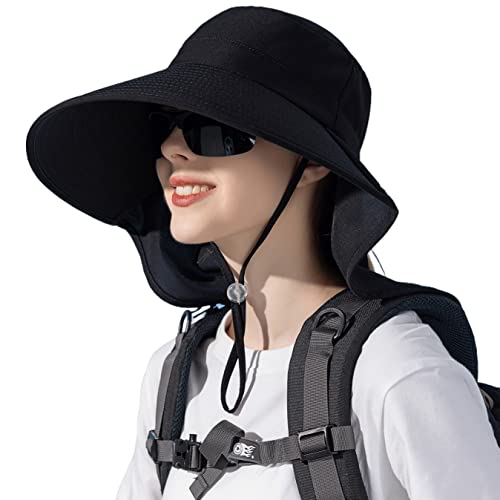 HUAMULAN Men Summer Sun Hat Women Safari Wide Brim Fishing Hats UV Protection Neck Flap Bucket Gardening Hiking Hunting Cap - color: Bg8112-black