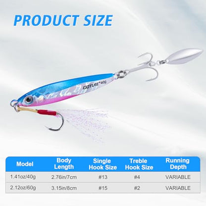 Goture Fishing Jigs, 40g 60g Vertical Jig Saltwater Freshwater, Jig Fishing Lures with Assist Hooks and Treble Hook, Jigging Spoon Lures for Tuna, Salmon,Striped Bass, Grouper Snapper,Kingfish - color: A1:3pcs Fishing Jigs, size: 1.41oz/40g