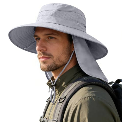 Sun Hats for Men Women, UPF50+ Protection Safari Hat,Wide Brim Fishing Hat with Neck Flap,Bucket Hats for Beach Hiking - color: Lightgrey