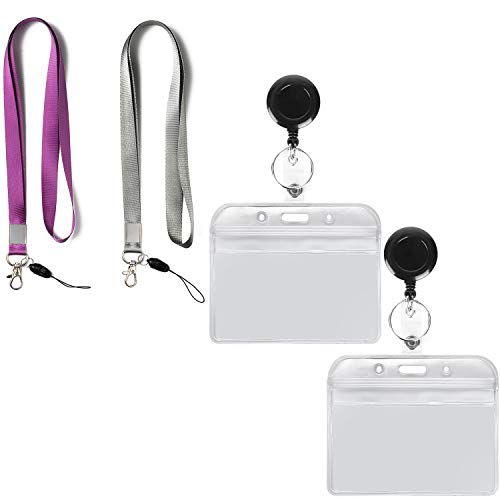 2Pack Lanyards,Horizontal ID Badge Holders, Retractable Reel,Purple,Grey | Lightweight with Metal Hook,for Office etc - color: Grey&purple&badge Reel-badge Holder Horizontal