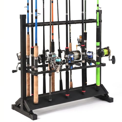 24-Rod Aluminum Fishing Rod/Pole Holder, Rustproof Fishing Rod Rack with 360° Lockable Wheels, Multi-Functional Storage Organizer for Garage & Home, Fits Most Rods & Golf Clubs (Black) - color: Black