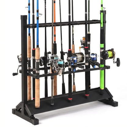 24-Rod Aluminum Fishing Rod/Pole Holder, Rustproof Fishing Rod Rack with 360° Lockable Wheels, Multi-Functional Storage Organizer for Garage & Home, Fits Most Rods & Golf Clubs (Black) - color: Black