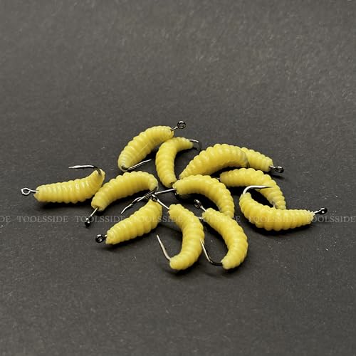 Rubber Maggots Fishing Bait #10 - Crappie Jigs, Fishing Maggots, Bulk Fishing Grubs for Trout, Crappie, Pan Fish, Bluegill, Fresh Water Fishing Lures Set (12 Hooks and 12 Worms)