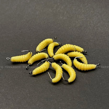 Rubber Maggots Fishing Bait #10 - Crappie Jigs, Fishing Maggots, Bulk Fishing Grubs for Trout, Crappie, Pan Fish, Bluegill, Fresh Water Fishing Lures Set (12 Hooks and 12 Worms)