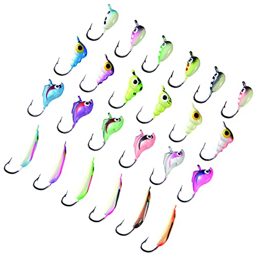 BASSDASH Ice Fishing Lure Kit Glowing Paint Jigs for Winter Ice Jigging Crappie Sunfish Perch Walleye Pike with Tackle Box - color: BI04 - 24pcs assorted crappie/panfish/perch jigs