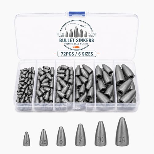 Bullet Fishing Weights Kit, 50/72pcs Size Stamped Lead Worm Weights, 5/6 Sizes Bullet Sinkers for Bass Fishing, Texas Rig, Carolina Rig & Soft Plastic Baits