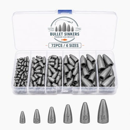 Bullet Fishing Weights Kit, 50/72pcs Size Stamped Lead Worm Weights, 5/6 Sizes Bullet Sinkers for Bass Fishing, Texas Rig, Carolina Rig & Soft Plastic Baits