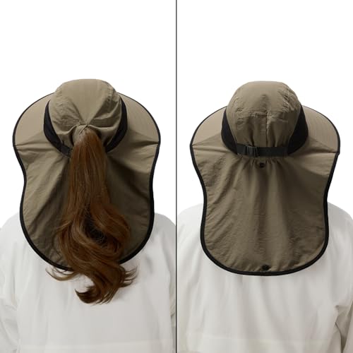 BASSDASH UPF 50+ Unisex Water Resistant Wide Brim Sun Hat with Large Neck Flap Ponytail Fishing Hat for Men Women - color: Sand/Black