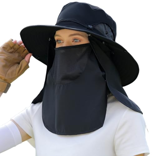 Sun Hat Unisex Face Coverage Shield Neck Flap Cap Garden Lawn Work Sports Hiking Fishing Hats - color: Kcl015-black