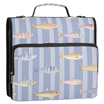 Fish Lure Blue Stripe 3 Ring Zipper Binder with Strap 1.5 inch 500 Sheet Capacity File Folder Storage Organizer