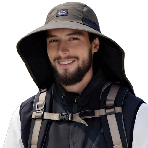 HUAMULAN Men Summer Sun Hat Women Safari Wide Brim Fishing Hats UV Protection Neck Flap Bucket Gardening Hiking Hunting Cap - color: Armygreen With Black Mesh