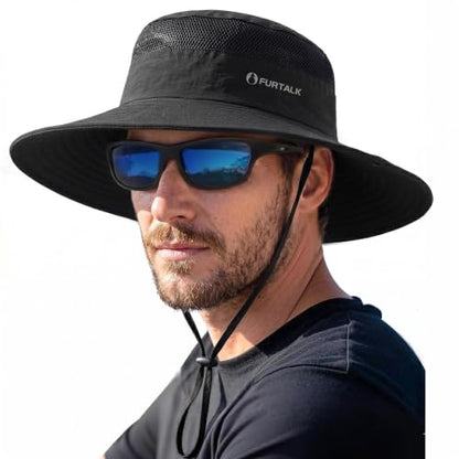 FURTALK Sun Hats for Men Women UPF Sun Protection Breathable Wide Brim | Nylon UV Protection, Breathable Adjustable, 2-in-1 Wide Brim, Packable Water-Resistant, Fishing Hiking Summer - color: Black