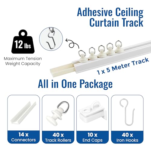 UrbanRed Self Adhesive Curtain Track (5 Meter, 16.4 ft) for Smooth Ceiling or Wall - No Drill, Screws, Ceiling Curtain Track, Curtains Rod, Ceiling Mount, Adhesive Curtains Rod (Non-Flexible) - size: 5 meters (16.4 ft) (Adhesive, Non-Flexible)