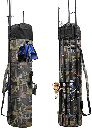 Allnice Durable Canvas Fishing Rod & Reel Organizer Bag Travel Carry Case Bag- Holds 5 Poles & Tackle - color: Multiolor