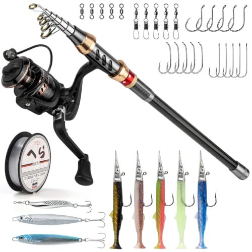 Alwonder Fishing Spinning Rod and Reel Combos, Carbon Fiber Telescopic Fishing Rod 4000 Spinning Reel Set Saltwater Freshwater with Jigs Spoon Spinner Sandeel Lures Line Gear Accessories Tackle - size: L - 2.4M/7.87FT