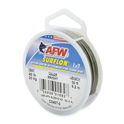 American Fishing Wire Surflon Nylon Coated 1x7 Stainless Steel Wire Leader - Wire Fishing Leader Line for Saltwater 10lb Up To 250lb Test in Bright, Black, Camo in 30ft, 100ft, 300ft, & 1000ft Lengths - color: Bright, style: 30 Feet, 45 Pound Test