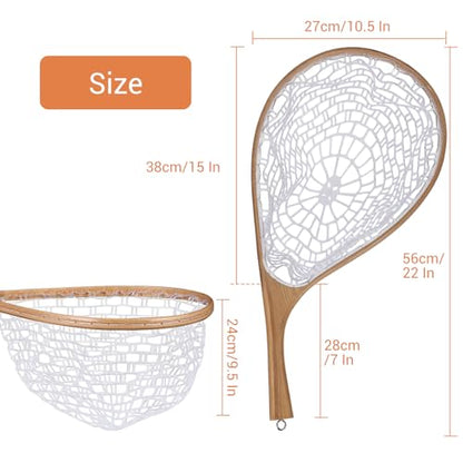 Portable Wooden Fly Fishing Net with Soft Silicone Mesh - Ideal for Trout & Bass Catch and Release - Essential Freshwater & Saltwater Gear for Anglers White Curved Handle Large - color: White Curved Handle