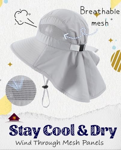 Home Prefer UPF50 Wide Brim Kids Sun Hat Neck Flap Boys Girls Sun Protection Hat for Beach Fishing - color: Light Grey, size: 4-8 Years