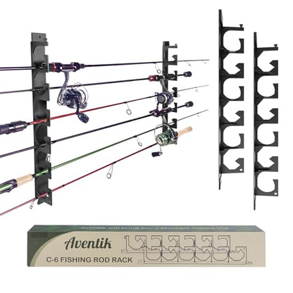 Aventik Horizontal Fishing Rod Holder for Garage Wall or Ceiling Mounted Fishing Pole Holder Holds 6 Rods or Combos, Fishing Rod Rack for Wall, Fishing Rod Storage Organizer (Black) - style: Black