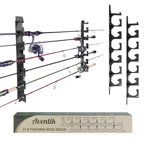 Aventik Horizontal Fishing Rod Holder for Garage Wall or Ceiling Mounted Fishing Pole Holder Holds 6 Rods or Combos, Fishing Rod Rack for Wall, Fishing Rod Storage Organizer (Black) - style: Black