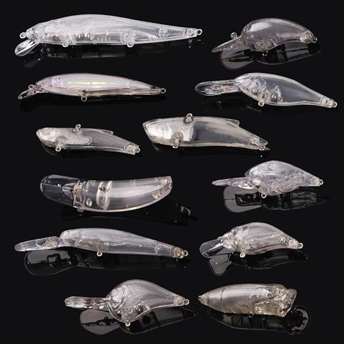 Unpainted Fishing Lures Crankbait Blanks Hard Lures Kit with 3D Eyes Blank Fishing Lure Making Kit Lipless Crankbait Minnow Popper Jerkbait VIB Clear Bodies