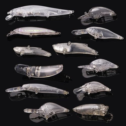 Unpainted Fishing Lures Crankbait Blanks Hard Lures Kit with 3D Eyes Blank Fishing Lure Making Kit Lipless Crankbait Minnow Popper Jerkbait VIB Clear Bodies