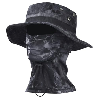 Camo Boonie Sun Hat with Balaclava Face Mask UV Protection Fishing Hat Bucket Hat for Hunting Hiking Military Tactical Safari - color: Camo Black