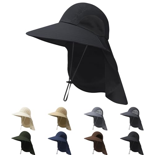 NPQQUAN Sun Hats for Men Women with Neck Flap UPF 50+ UV Protection Wide Brim Bucket Hat Safari Hiking Fishing Hats - color: (Black)