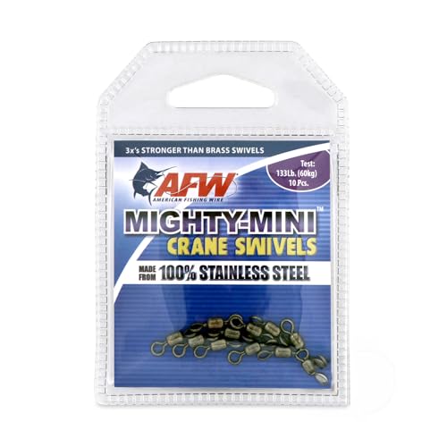 AFW American Fishing Wire Fishing Swivels - Mighty Mini 100% Stainless Steel Crane Swivels, 3X Stronger Than Brass, for Terminal Tackle Box, Up to 600lb Test - Fishing Gear for Fishing Line Leaders - size: 10 Pieces, 133 Pound Test