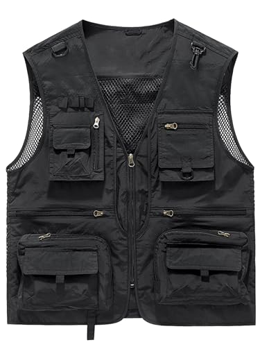 Lucrosun Men's Lightweight Outdoor Fishing Vest Utility Safari Vest with Pockets - color: Black, size: X-Large