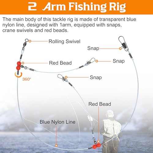 Fishing Leader Rigs Saltwater Tackle Rigs with Swivels Snaps, High Strength Wire Leaders Rigging Surf Fishing Gear Equipment for Lures Bait Hooks Catfish Walleye - color: Blue Nylon Leader, size: 12PCS, style: 2 Arm