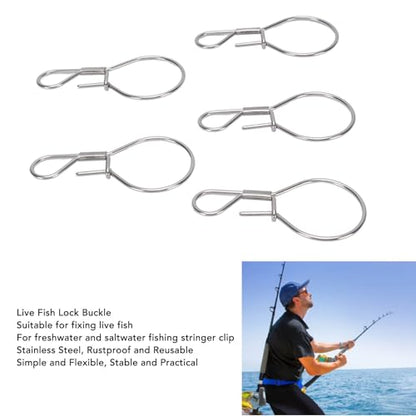 5PCS Fishing Lock Snap, Stainless Steel Live Fish Lock Buckle Single Handed Fishing Stringer Clip for Freshwater Saltwater Steel Ropes Large Fish Lock