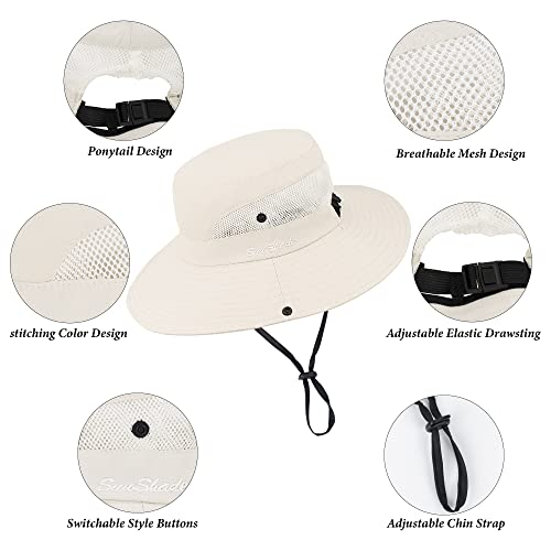 Sun Hat for Women Summer UV Protection Beach Hat Wide Brim Mesh Bucket Fishing Hat with Ponytail Hole Foldable Packable Hat - color: Beige(with Ponytail Hole)