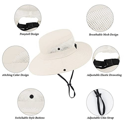 Sun Hat for Women Summer UV Protection Beach Hat Wide Brim Mesh Bucket Fishing Hat with Ponytail Hole Foldable Packable Hat - color: Beige(with Ponytail Hole)