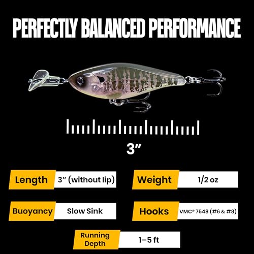 Headbanger Cranky Shad Slow-Sink Hard Lure (2-1/2", 3", 4" & 5") – Patented Erratic “Headbanging” Action Crankbait for Freshwater Bass, Walleye & Perch – 1/3 oz with Premium VMC Hooks - color: Natural Shad, size: 3"