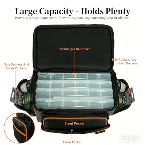 Fishing Tackle Box, Waterproof Tackle Trays for Saltwater & Freshwater - Fishing Gear Shoulder Bag For Men (Tackle Boxes Not Included) - color: Black Orange