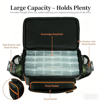 Fishing Tackle Box, Waterproof Tackle Trays for Saltwater & Freshwater - Fishing Gear Shoulder Bag For Men (Tackle Boxes Not Included) - color: Black Orange