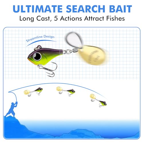 TRUSCEND Vibespinner Easy Catch Fishing Lures with BKK Hooks, Tail Spinner Baits with 4 Actions, Vibrating Swimming Flashing & Jigging for More Bites, Spoon Lures for Bass Trout Crappie Walleye Pike - color: A4-3/4oz-21g
