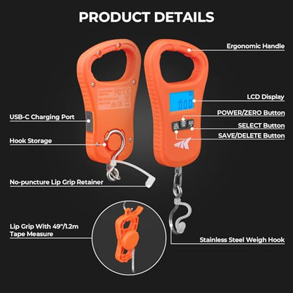 KastKing ToughTide Fishing Scale, USB Charging, 65lb Capacity, Ultra-Thin Digital Fish Scale, LCD Display, Ergonomic Handle, Fish Scales Digital Weight, Fishing Accessories for Men - color: D: Orange Combo