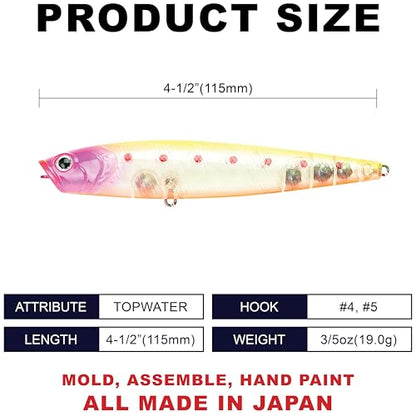 LUCKY CRAFT Gunfish 115NF Top Water Bass Fishing Lures, 4.5” Floating Lure with Cupped Mouth, Freshwater Trout and Bass Lures Fishing Gear, Accessories for Tackle Box - color: 391 Ghost Nishiki Pink Cheek OB