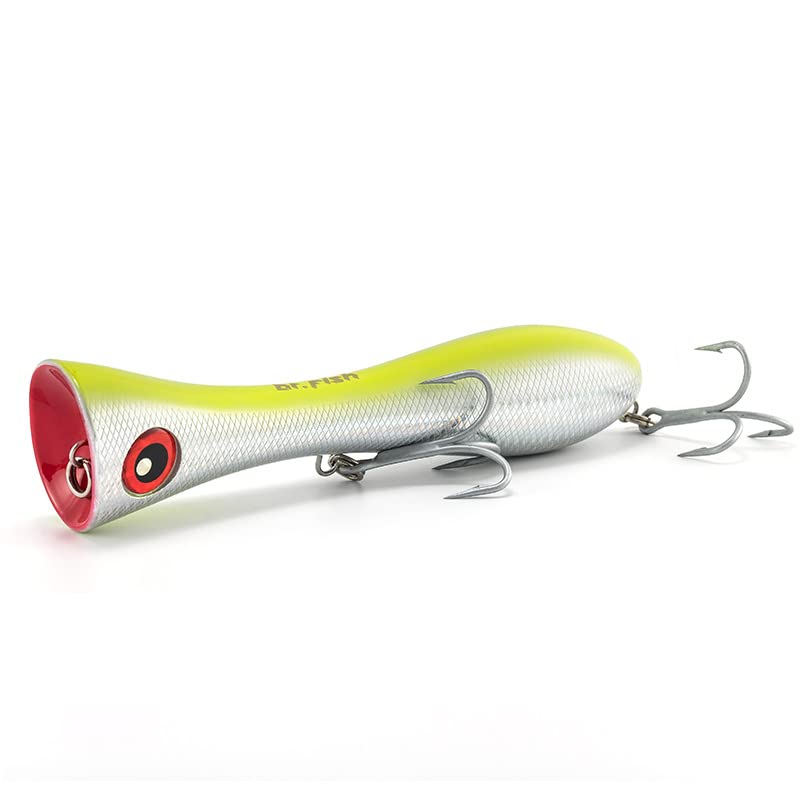 Dr.Fish Popper Saltwater Fishing Lures, 8 Inches GT Popper VMC Treble Hooks Surf Fishing Lures for Striper Tuna Barracuda Mackerel Snapper Bluefish Pencil Plugs Offshore - color: Chrome Chartreuse(8")-1 Pack