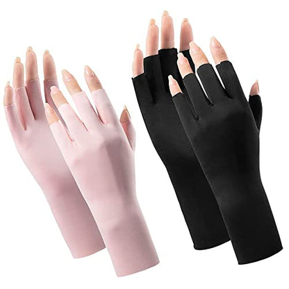 IZUS Women Cool Ice Silk Fingerless Driving Gloves Sunblock Non-Slip Outdoor Light-Thin Gloves Fishing Hiking Outdoor - color: 2set ( Pink+black)