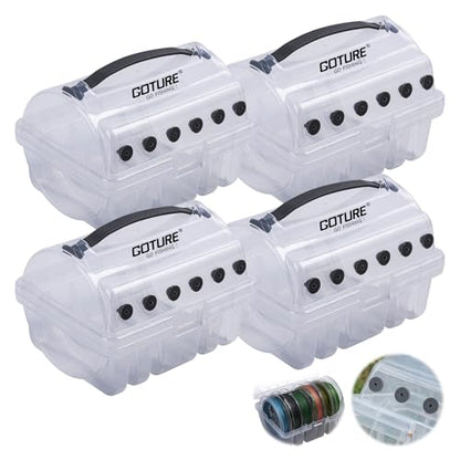 Goture Fishing Line Storage Box 1/2Pcs, 6(2 Large + 4 Standard) Slots Fishing Line Case, PP Clear Visibility Fishing Line Organizer, Silicone Holes Line Spool Box - style: 4Pcs - 6 Slots Spool Storage Box