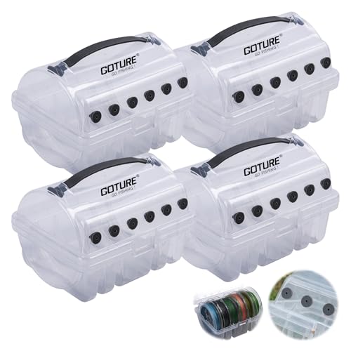 Goture Fishing Line Storage Box 1/2Pcs, 6(2 Large + 4 Standard) Slots Fishing Line Case, PP Clear Visibility Fishing Line Organizer, Silicone Holes Line Spool Box - style: 4Pcs - 6 Slots Spool Storage Box