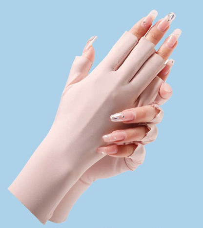 Women Fingerless Gloves Summer UV Protection Gloves Cool Ice Silky Sun Block Driving Unisex - color: Pink+black
