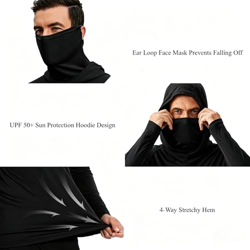 LeeHanTon Men UPF 50+ Sun Protection Hoodie Long Sleeve Shirts Dry-Fit UV Breathable Work Athletic Summer Pullover Sweatshirt - color: A-black-with Mask, size: XX-Large