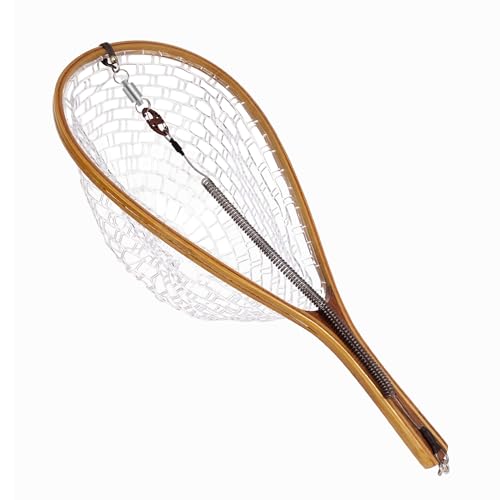 Aventik Fly Fishing Landing Net for Trout Soft Rubber Ghost Mesh Catch and Release Wooden Frame Lightweight and Tangle-Free - style: Round Head&magnet
