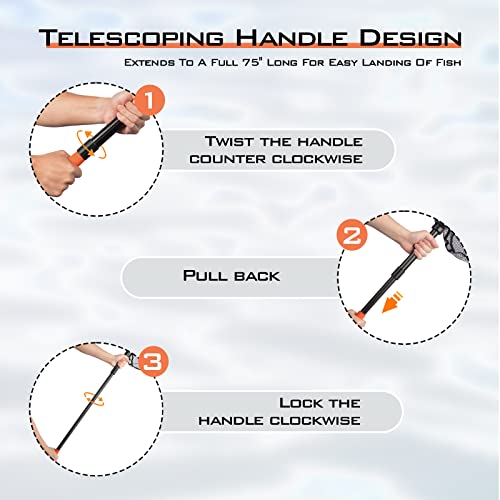 KastKing Brutus Fishing Net, Foldable Extendable Fish Landing Net, Lightweight & Portable Fishing Net with Soft EVA Foam Handle, Holds up to 44lbs/20KG, Fish-Friendly Mesh for a Safe Release - size: 75" Total Length(extendable), style: Pvc Net
