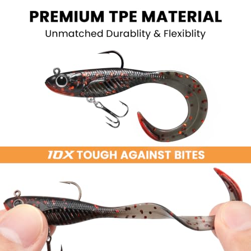 TRUSCEND Duramax Easy Catch Soft Fishing Lures with BKK Hook, Trembly Sinking & Vibrating Swim for More Bites, Pre-Rigged Curly & T-Tail Swimbait for Bass, Trout, Crappie, Freshwater Saltwater Fishing - color: A-2.5"-1/8oz